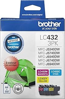 Brother Genuine LC432 Colour Ink Cartridge Value Pack, Three Pack, Includes 1 Cartridge Each of Cyan, Magenta & Yellow, Pa…